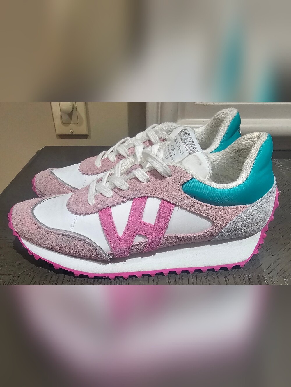 Vintage Havana Sneakers with Pink Suede Accents and Teal Detail